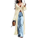 KWSTAIN Cardigan Sweaters for Women Trendy Lightweight Crochet Long Duster Button Up Bell Long Sleeve Ruffle Knit Maxi Dress