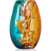 9.8" Hand-Blown Colorful Glass Vase - Green, Blue, Amber, Burnt Orange Decorative Vase for Home Decor - Modern Blue Green Glass for Centerpieces, Weddings, Living Room, Kitchen, Dining, Bedroom Decor