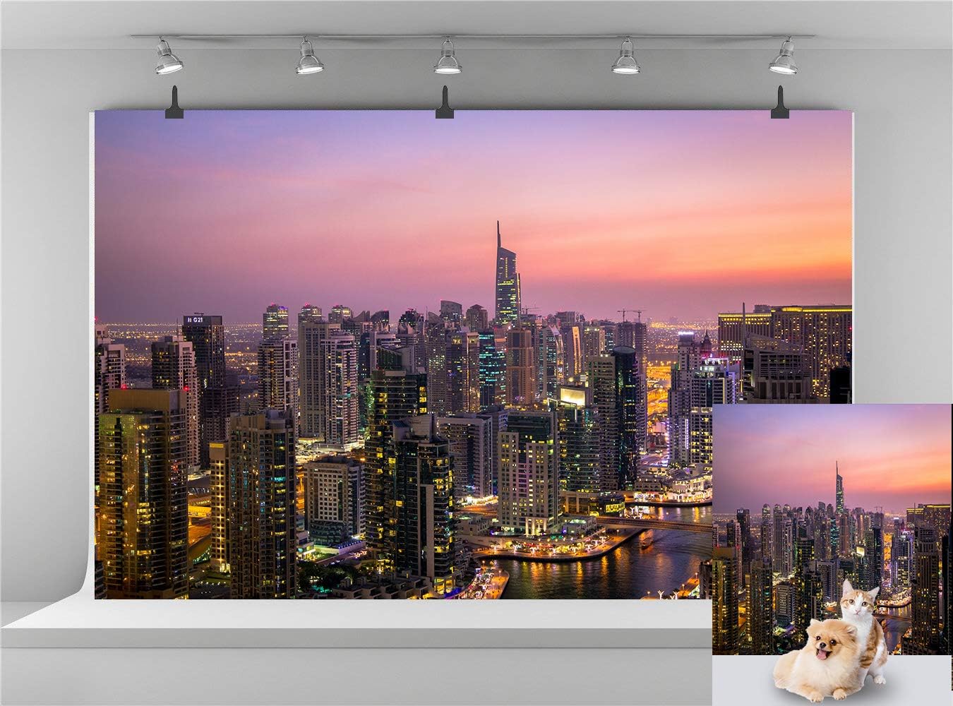 Pink Photography Background Modern City Night Urban City Skyline Skyscraper Backdrop 10x7ft Vinyl Night Lights Holiday