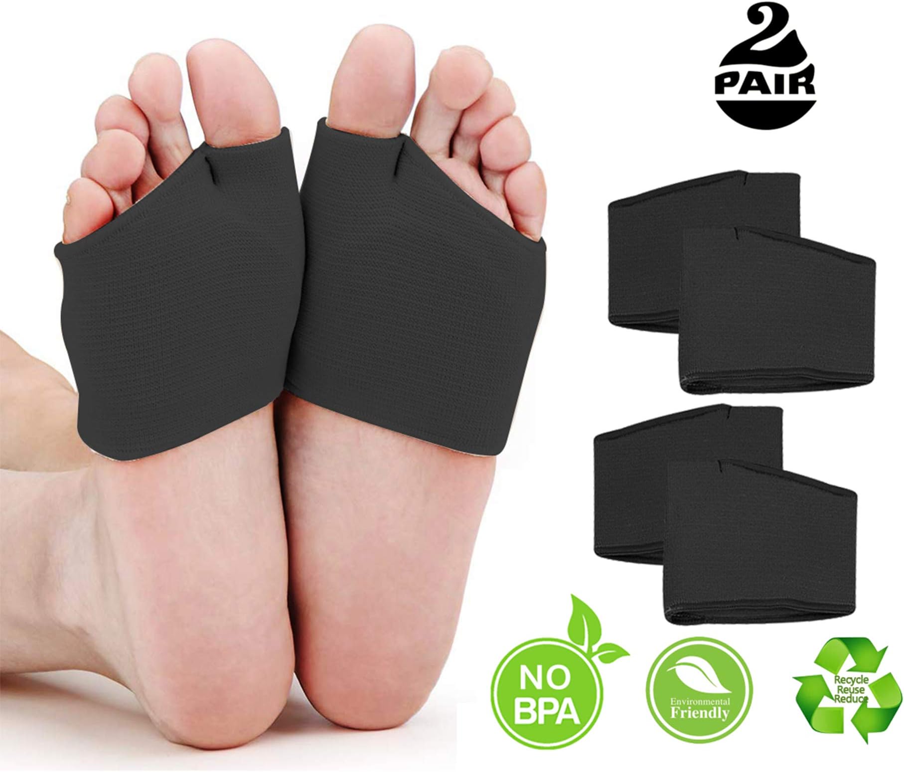 Metatarsal Pads Ball of Foot Cushions - 2 Pair Soft Fabric Forefoot Sleeve Cushions for Women & Men, with Sole Gel Pads for Foot Pain Relief