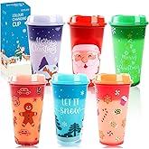6pcs Christmas Color Changing Hot Cups with Lids, Plastic Reusable Hot Coffee Cups for Adults Kid Winter Christmas Holiday Birthday Party Cups Tumblers, 16 Oz