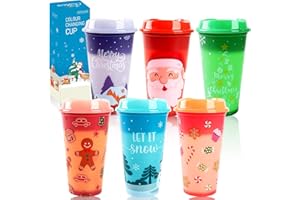 CUPLOOV 6pcs Christmas Color Changing Hot Cups with Lids, Plastic Reusable Hot Coffee Cups for Adults Kid Winter Christmas Holiday Birthday Party Cups Tumblers, 16 Oz