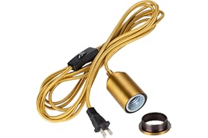 HOVNUYEE Hanging Lights with Plug in Pendant Cord Switch Golden Light Bulb Socket with Cord Industrial Extension Rope DIY lamp Replacement Pendant Light kit Lantern Cord Porcelain Fixture Fabric Cable 15ft