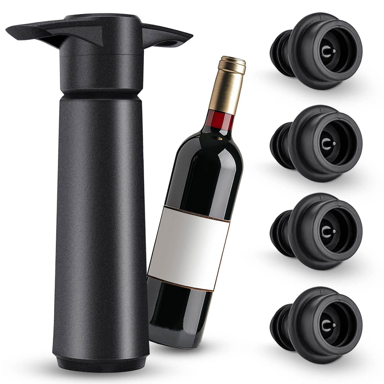 Wine Saver Pump with 4 Vacuum Stoppers, Reusable Silicone Preserver Keeps Wine Fresh, Stoppers for Bottles (Beer, Champagne, Sparkling)