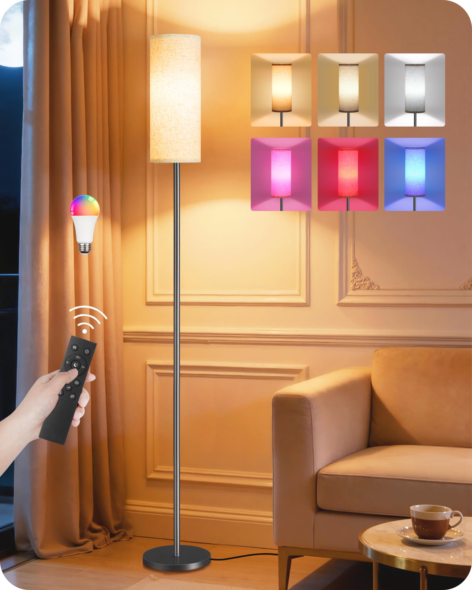 Dimmable Floor Lamp for Living Room with RGB Colors, Color Changing Ambient Lighting, Corner Standing Lamp for Bedroom - Remote, Foot Switch, Timer, Warm Cool White, 10W Smart Bulb Included RE06LD05W1 Image