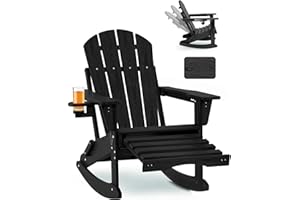 Serique Adjustable Adirondack Rocking Chair with Retractable Ottoman, 4-in-1 Multifunctional Folding Patio Chair with Cup Holder, Outdoor Chair Wood Texture for Lawn, Porch, Backyard, Pool(Black)