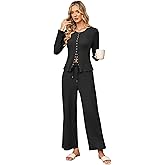 FIOPHY Women's Waffle 2 Piece Outfits Lounge Matching Set Casual Long Sleeve Snap Button Top Wide Leg Pants Tracksuit PJS Set