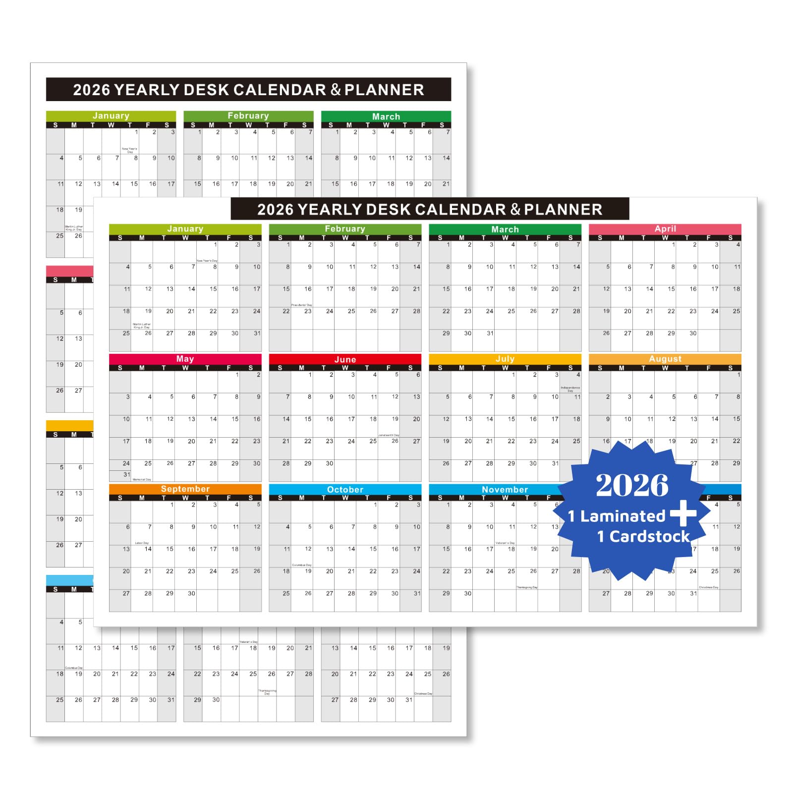 Photo 1 of 2026 Wall Desk Calendar 11x17 Inch, Reversible 2-Sided Horizontal or Vertical, 12 Month with Generous Block Space & Holidays Marked for Office, Home, School - 2 Pack (1 Laminated & 1 Cardstock)