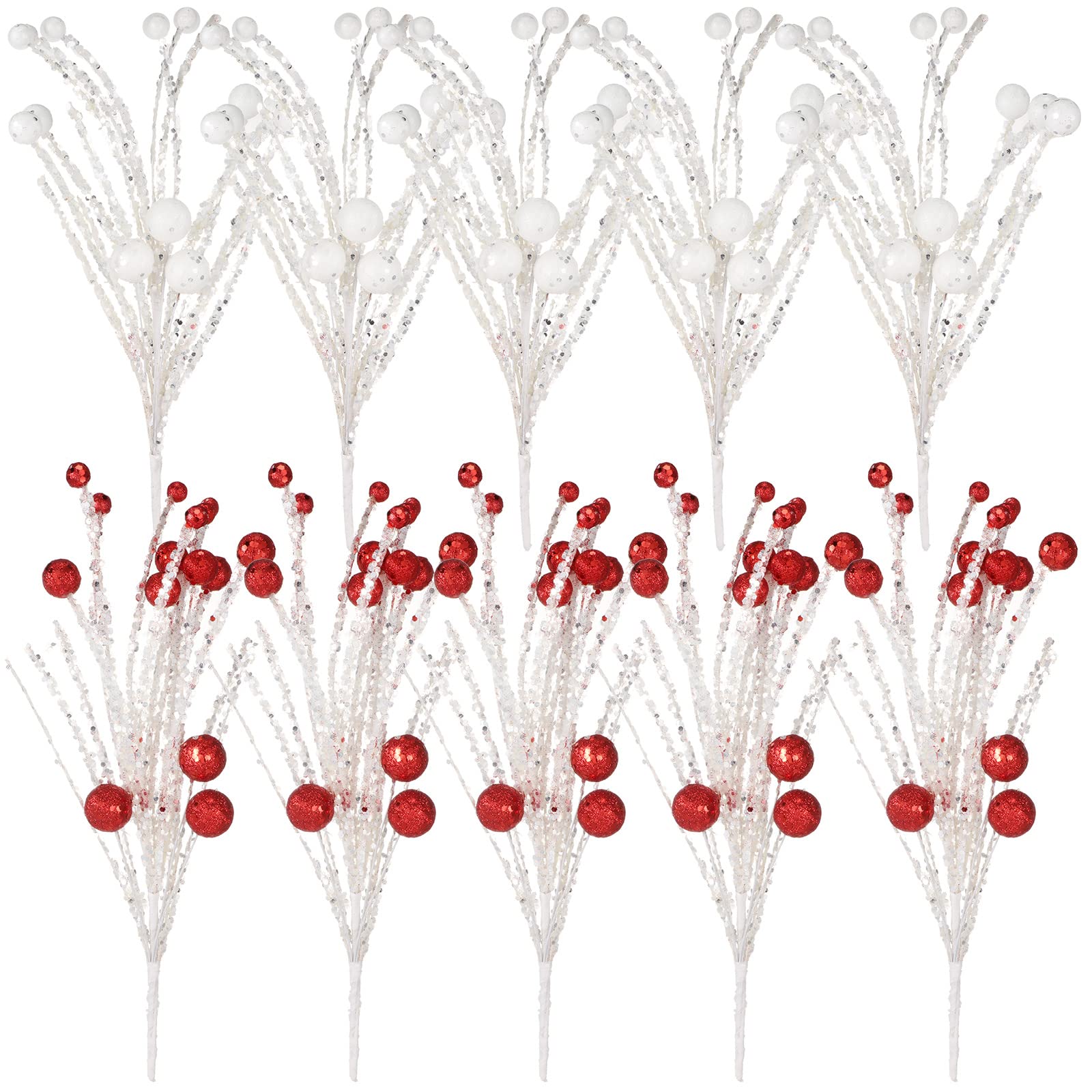 Photo 1 of 10 Pcs Christmas Decorations Ornaments 12 Inch Xmas Sequins Ball Tree Picks Large Glitter White Snow Spray for Tree Toppers Hanging Christmas Berry Stem for Holiday Party Supplies (Red, White)