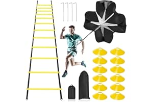 RAINMAE Pro Speed & Agility Training Set—Includes 12 Rung 20ft Adjustable Agility Ladder with Carrying Bag, 12 Disc Cones, 4 Steel Stakes, 1 Resistance Parachute, Use Equipment to Improve Footwork Any Sport