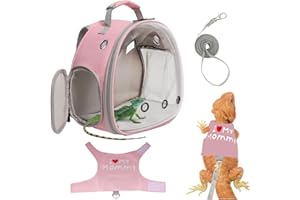 HALINFER Bearded Dragon Carrier Backpack with Security Printing Harness Set, Reptile Lizard Travel Carrier (Pink, Mommy Harness)