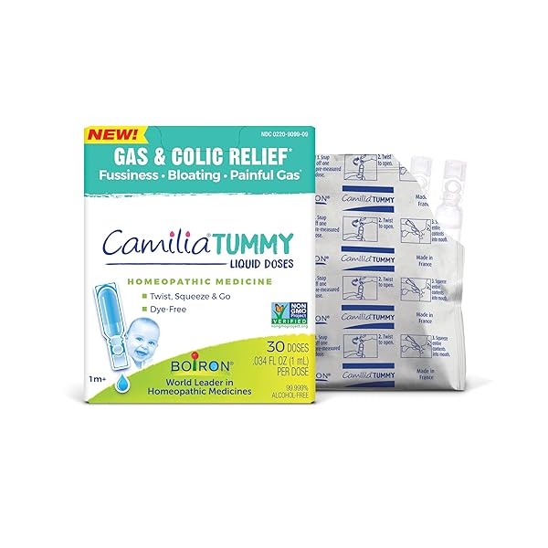 BOIRON CAMILIA TUMMY FOR COLIC, PAINFUL GAS, BLOATING, & FUSSINESS- STERILE AND NON-DROWSY LIQUID DOSES – 30 COUNT