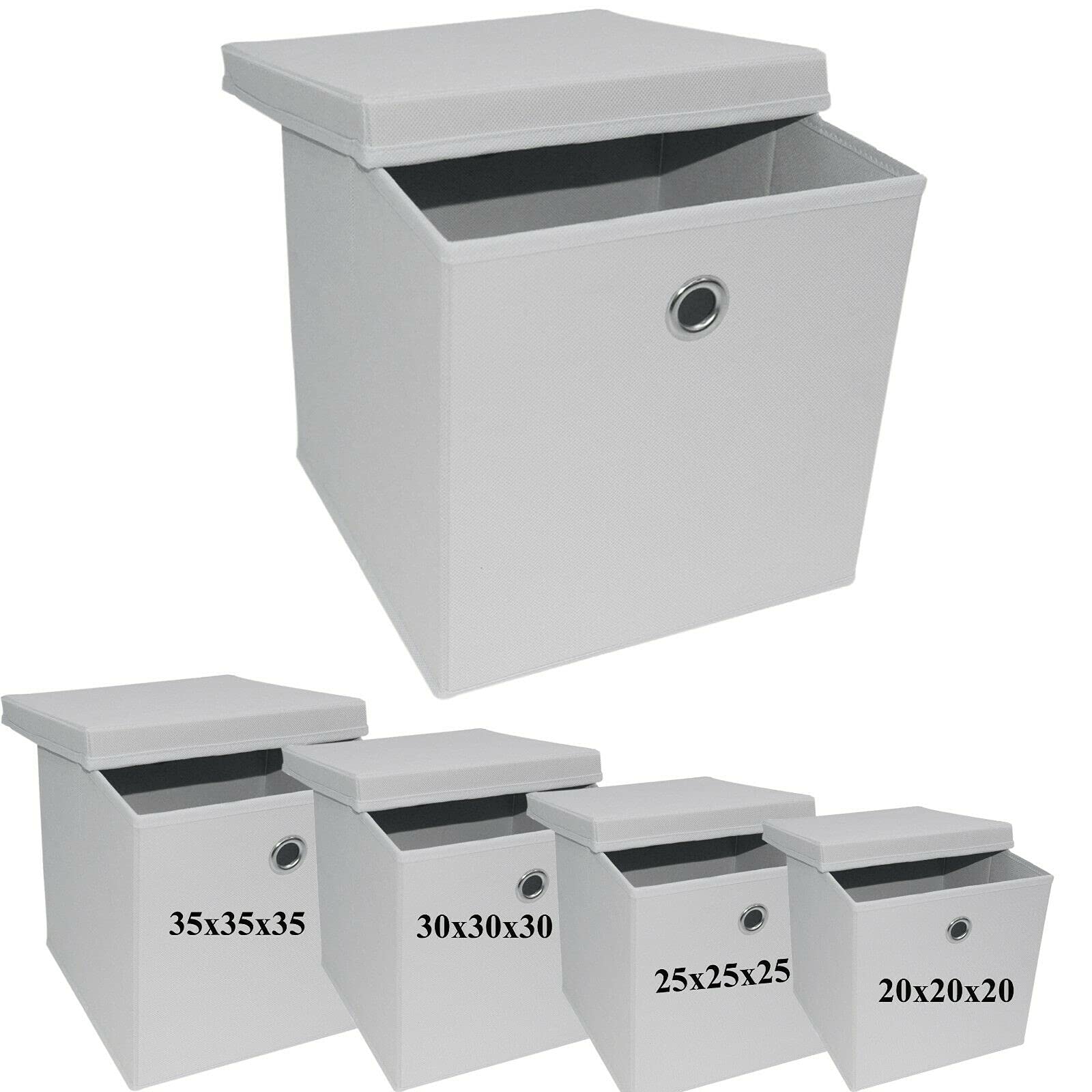 A406 3x Foldable Storage Boxes with Lid Storage Basket with Lid Fabric Cubes with Handles Collapsible Fabric Organiser Clothes Storage Box (Medium -25x25x25cm, White)