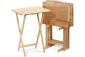 PJ Wood 5 Piece Set, 4 Folding Wooden TV Tray Snack Tables with Storage Rack, Natural
