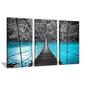 Ocean Pier Landscape Artwork Prints: Black Suspension Metal Sea Bridge in Blue Coastline, Beach Sunny Wall Art on Wrapped Canvas(16"x26"x3, Turquoise Paintings)
