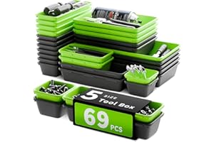 FLYVOLE [5 Sizes] [69 PCS] Tool Drawer Organizer, Tool Box Tray, Desk Drawer Tray, Rolling Tool Chest, Toolbox (Black+Green)