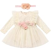 ODASDO Infant Baby Girls Lace Floral Long Sleeve Romper Dress Tulle Tutu Princess Bodysuit with Flower Headband Set