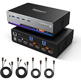 TESmart 8K@60Hz HDMI KVM Switch 2 Monitors 2 Computers USB 3.0, HDMI KVM Switch Dual Monitor 4K@144Hz for Gaming Dock, Support EDID, Gigabit Network, Hotkey Switch, Audio &amp; Mic with All Input Cables