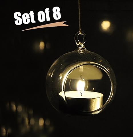 TIED RIBBONS Glass Tealight Ball Shape candle holder, Hanging Glass Vase with Tealight Candle and Hanging String (Clear) - Set of 8