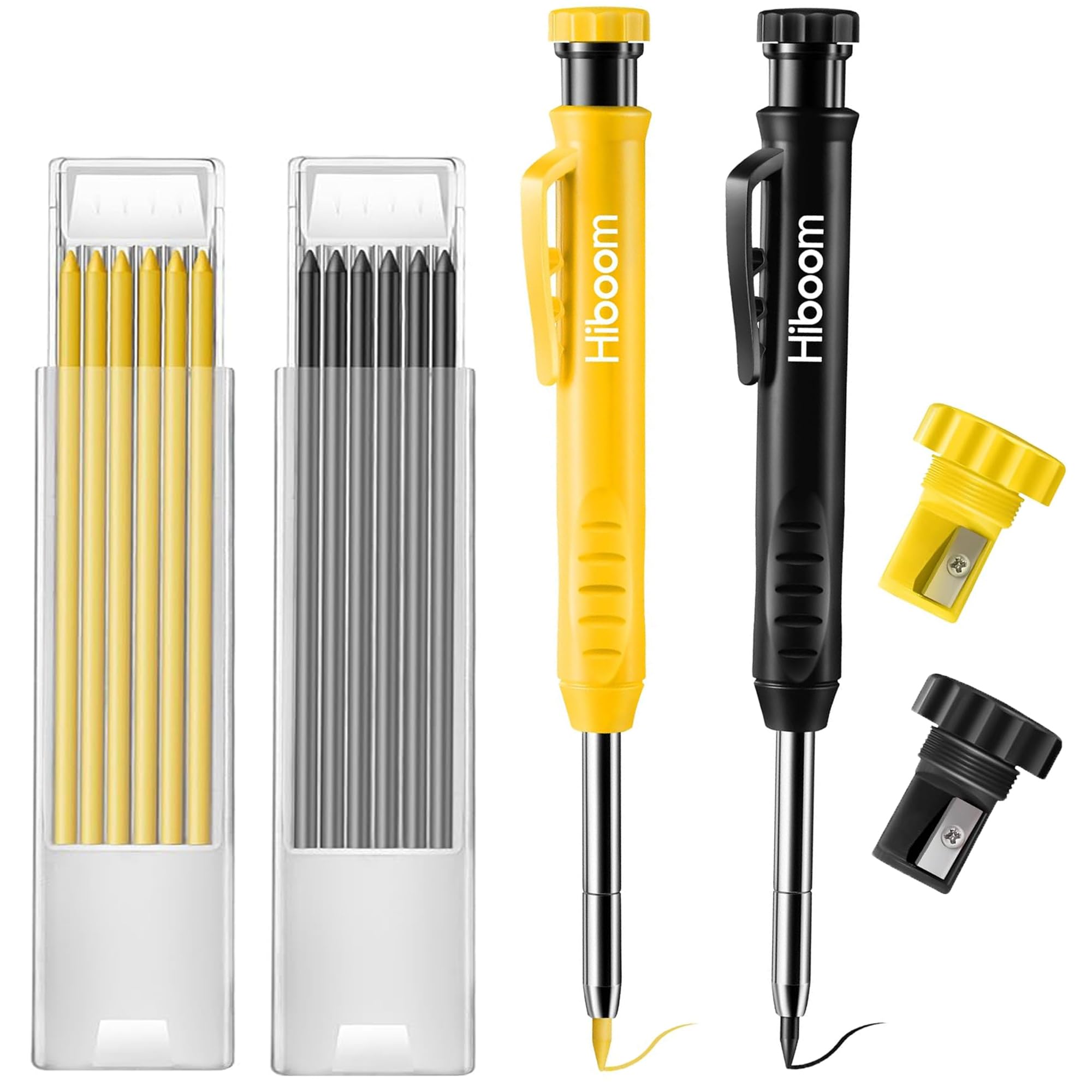 Hiboom 2 Pack Solid Carpenter Pencil with 14 Refill, Long Nosed Deep Hole Mechanical Pencil Marker with Built-in Sharpener for Carpenter Woodworking Architect with Design Patent (Black, Yellow)