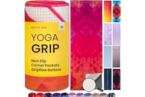 BODY BY YOGA Yoga Grip Yoga Towel - Non Slip Hot Yoga Mat Towel With Corner Pockets, No-Skid Grip, and Built-in Alignment Lines | Soft, Moisture Wicking, and Sweat Absorbent | No Bunching, Stays in Place 72" x 25"