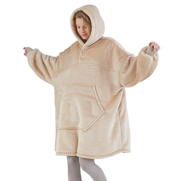 DEGREES OF COMFORT ORIGINAL SHERPA WEARABLE BLANKET HOODIE, OVERSIZED HOODED SWEATSHIRT BLANKETS, ONE BIG SIZE FITS ALL, 38X32 SAND