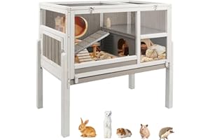 Ketive Guinea Pig Cages Indoor, Wooden Guinea Pig Cages with Stand, Rabbit Cage Hutch with Ramp and Hideout, Small Animals Cage Habitat with Not Leakage Pull Out Tray