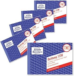 AVERY Zweckform 1736-5 Quittungsblock (A6 quer, 2x40 Blatt, mit Durchschlag, fälschungssicher, inkl. MwSt., für Deutschland und Österreich) 5er Pack weiß/gelb
