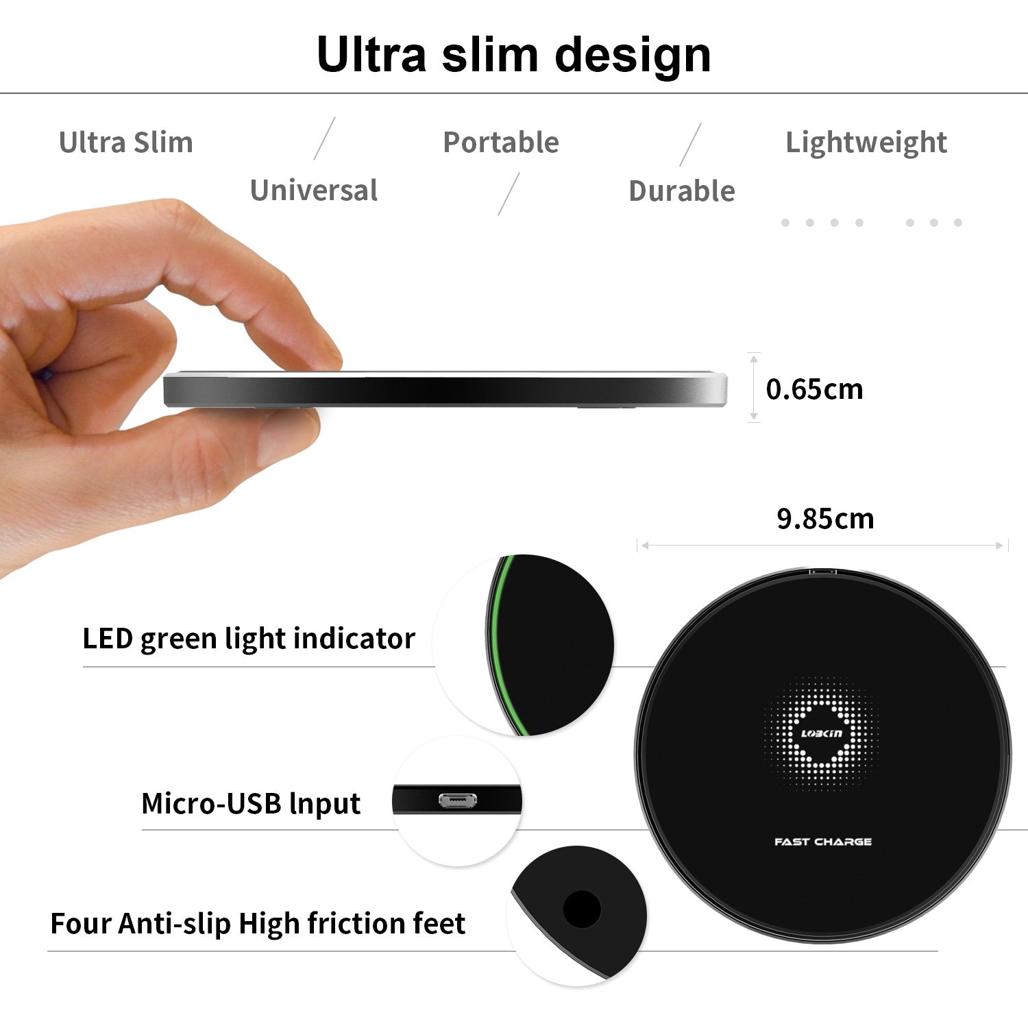 Fast Wireless Charger, LOBKIN Ultra Slim Qi Wireless Charger QC 3.0 Quick Charge Portable Charging Pad for iPhone X, iPhone 8/8 Plus, Samsung Galaxy S9/S9 Plus/Note 8/S8/S8 Plus (Black)
