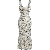 SKAYS Women's Floral Summer Pastel Wedding Guest Dress Mesh Bodycon Ruched Cocktail Midi Sundress