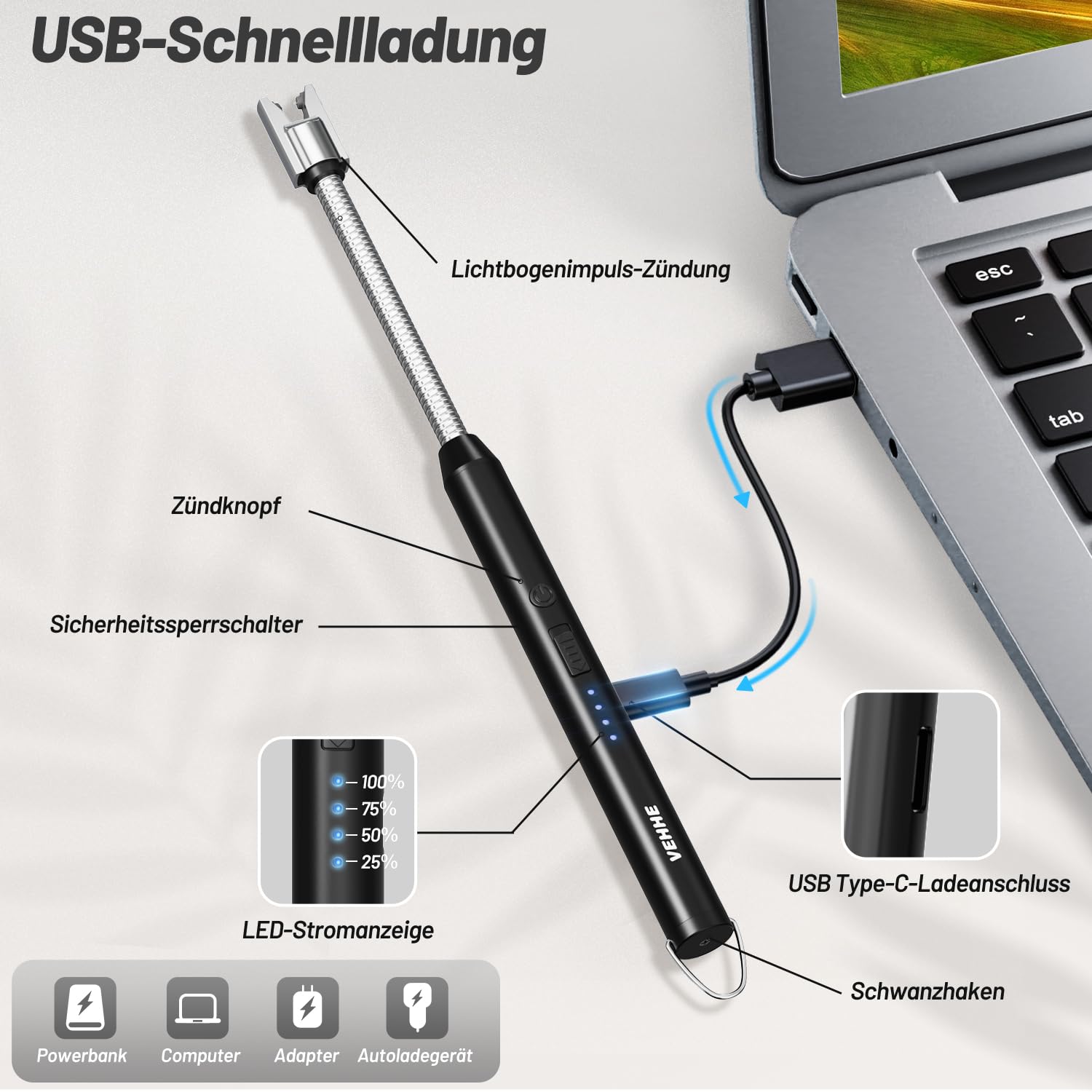 VEHHE Feuerzeug, Umweltfreundliches Elektrische Stabfeuerzeug mit USB-C-Ladung & 360° Flexiblem Hals, Ohne CO₂-Emissionen, Windfest & Explosionssicher für Küche, Gasherd, Grill und Kerzen (Schwarz) 3