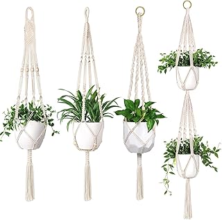 Qhui Makramee Blumenampel Hängeampel 4er Set, Boho Blumentopf Hängend Makramee Pflanzenhalter, Pflanzenampel Aufhänger Macrame für Innen, Außen, Decken, Balkone, Terassendeko, Wanddeko