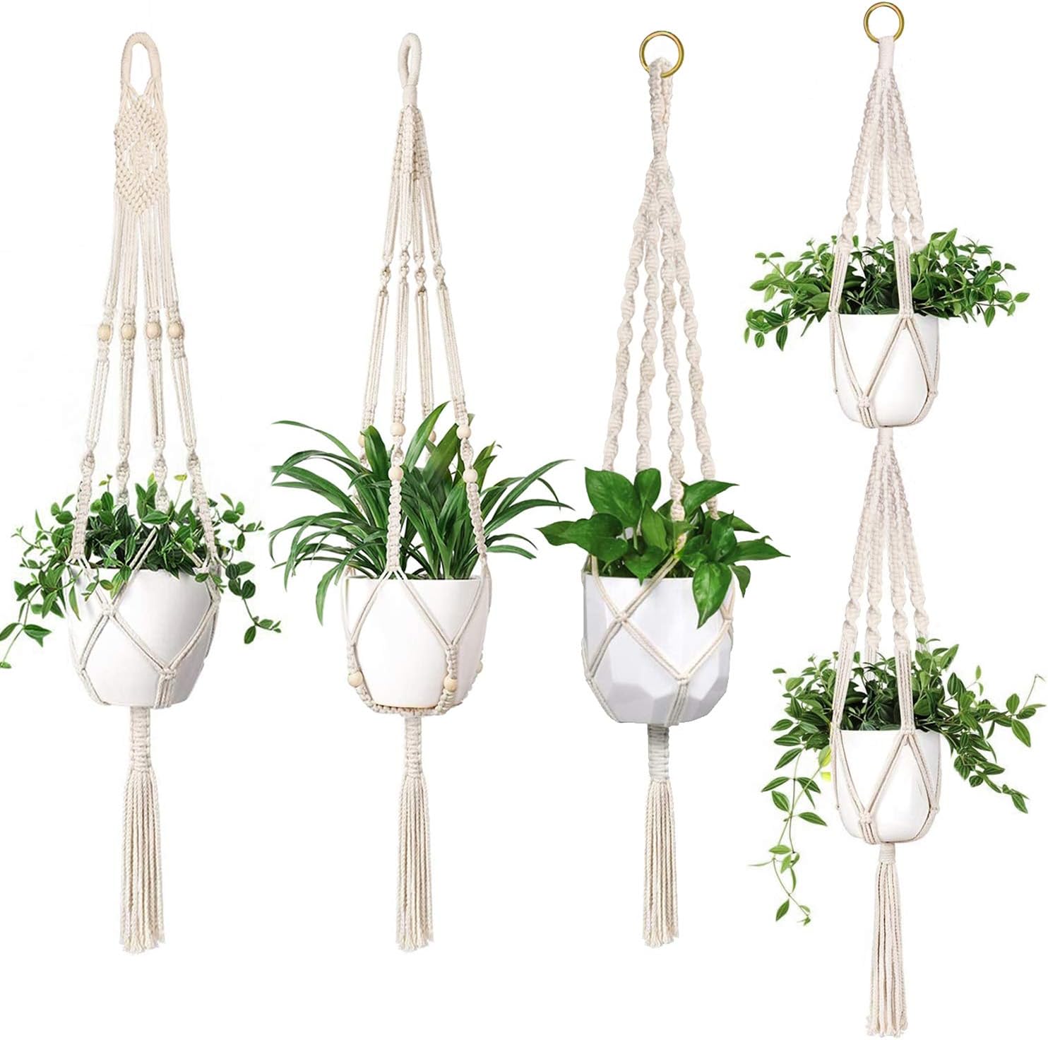 Qhui Makramee Blumenampel Hängeampel 4er Set, Boho Blumentopf Hängend Makramee Pflanzenhalter, Pflanzenampel Aufhänger Macrame für Innen, Außen, Decken, Balkone, Terassendeko, Wanddeko
