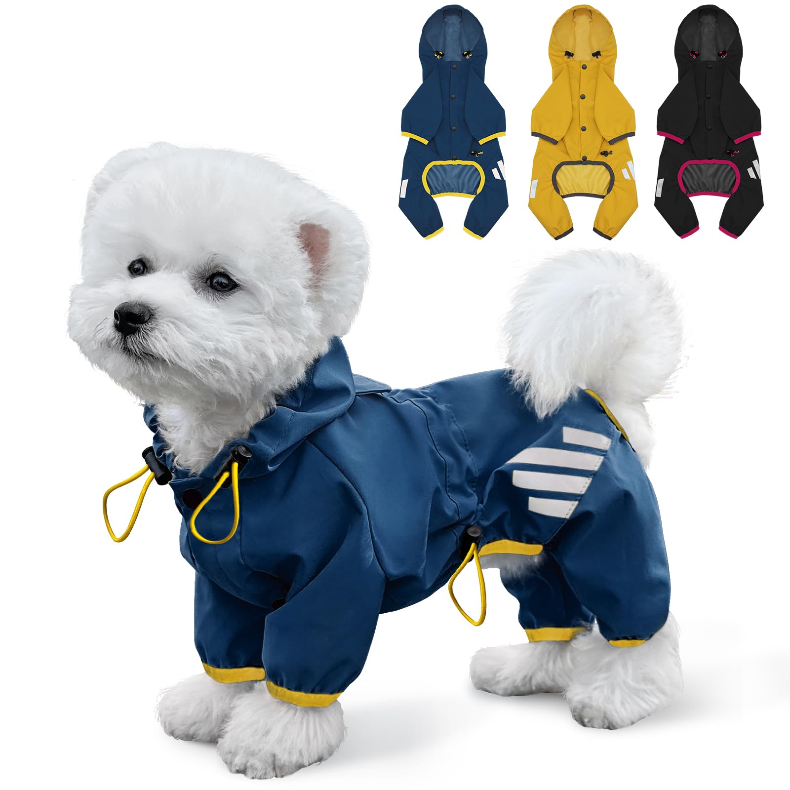 Photo 1 of Dog Raincoat, Waterproof Dog Rain Jacket with Hood, Rain Coat with Leash Hole, Reflective Strap for Small Medium Dogs, Lightweight Puppy Clothes(Blue,L)