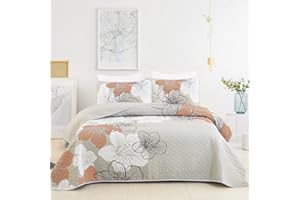 DJY 3 Pieces Quilt Set Queen Blush Floral Pattern Quilt Coverlet Set Elegant Floral Bedspread with 2 Pillow Shams Lightweight Boho Floral Bedding Quilt Set for Adults (Blush, 90"x96")