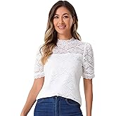 Allegra K Lace Tops for Women Mock Neck Puff Short Sleeve Elegant Floral Blouses Dressy Casual Shirts
