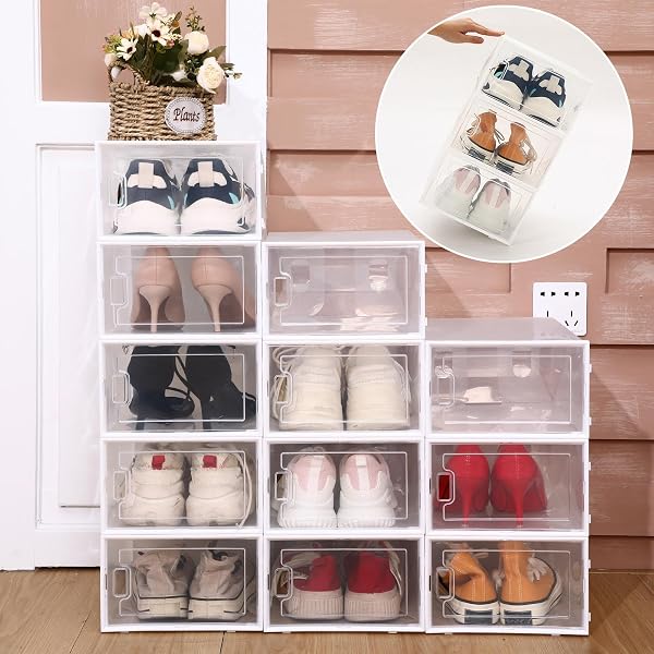 CROBLISSFUL 24 PACK LARGE SHOE STORAGE BOX FIT SIZE 10 SOFT PLASTIC CLOSET CLEAR SHOE ORGANIZER WITH LIDS, DETACHABLE STACKABLE CONNECTABLE HORIZONTALLY VERTICALLY FOLDABLE SNEAKER STORAGE BIN