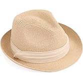 AQOKKA Summer Straw Fedora Hat for Women Men Travel Panama Hat with Wide Brim Roll Up Sun Hat for Beach Outdoor UPF 50+