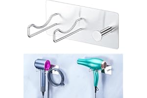 XILIMEN Hair Dryer Holder Wall Mounted, Universal Blow Dryer Holder, Hairdryer Storage Hanger with Plug&Cord Hook, Adhesive Hair Tool Organizer for Bathroom, Silver