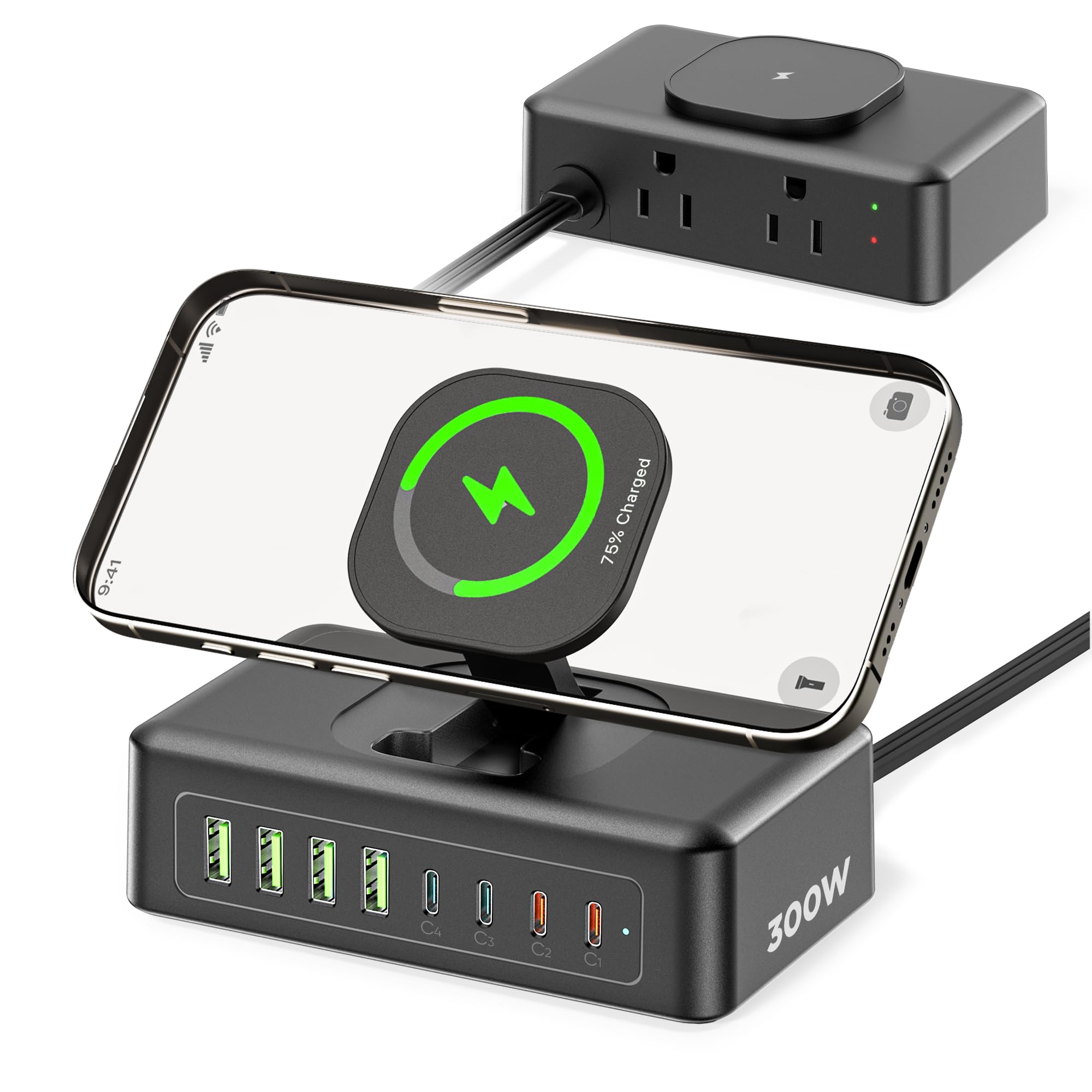 Photo 1 of 11-in-1 Charging Station USB-C Power Strip, 300W USB C Charger Block, 2AC Outlets 8USB Ports(4USB-C) Surge Protector, 5FT Flat Plug Extension Cord, PD110W Desktop Fast Charging for Home Office, Black