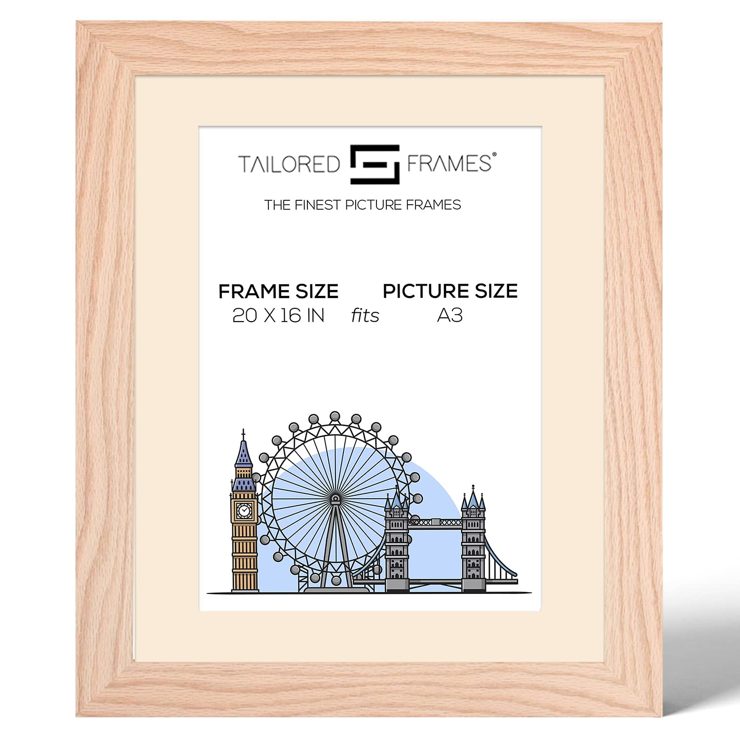 Tailored Frames 99 Solid Natural Oak 20" x 16" Frame for A3 Picture | Single Picture Frames | Wall Hanging Type | Photo Frame with Antique Mount