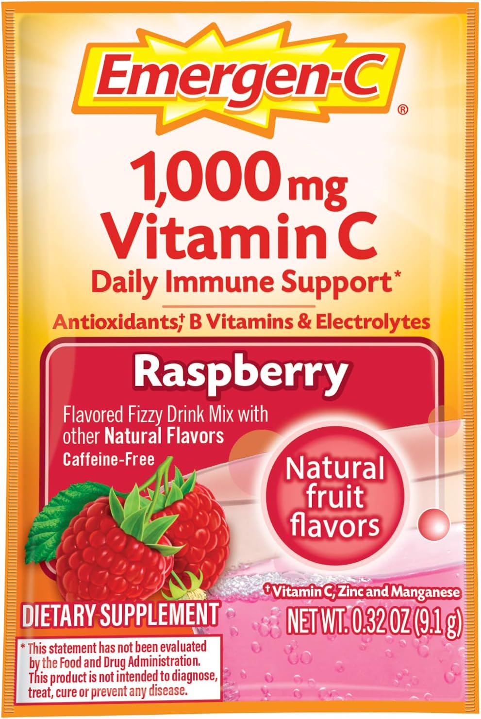 Emergen-C 1000mg Vitamin C Powder, with Antioxidants, B Vitamins and Electrolytes, Immunity Supplements for Immune Support, Caffeine Free Fizzy Drink Mix, Raspberry Flavor - 30 Count/1 Month Supply: Health & Personal Care