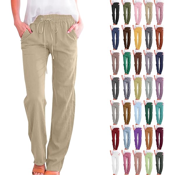 Pantalon Fluide Coton Lin Pantalon Fluide Femme été - Coton Lin élastique Yoga Travail Décontracté Pantalon Lin été Taille Haute