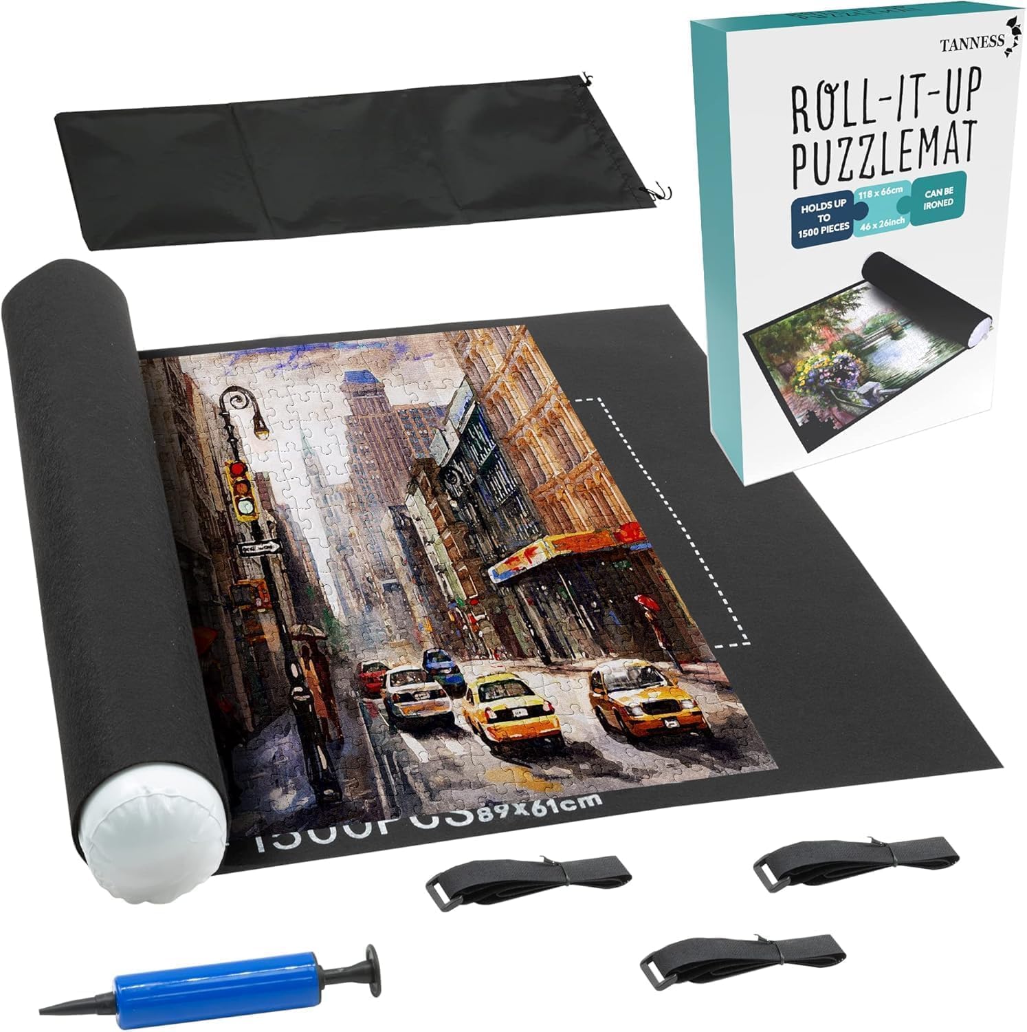 TANNESS Giant Jigsaw Board - Roll-Up Saver for 1500 Pieces - Portable Storage with Bag for Adults & Sorting, Black