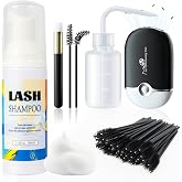Buqikma Lash Shampoo Kit Lash Cleaning for extensions 2.02Fl oz/60mL, Black | Oil Free, Includes USB Rechargeable Mini Lash Fan, Rinse Bottle &amp; Brushes &amp; 50 Mascara Wands for Daily Lash Aftercare