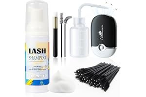 Buqikma Lash Shampoo for Lash Extensions, Mini Lash Fan 2.11Floz Rich Foam Eyelash Shampoo 50 Pcs Eyelash Brush and Rinse Bottle for Eyelash Wash Remover Lash Extension Cleanser for Home Use (Black)