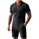 URRU Mens 2 Piece Summer Outfits Textured Classy Casual Quarter Zip Golf Polo Shirt and Shorts Set Stretch Short Sleeve Suit