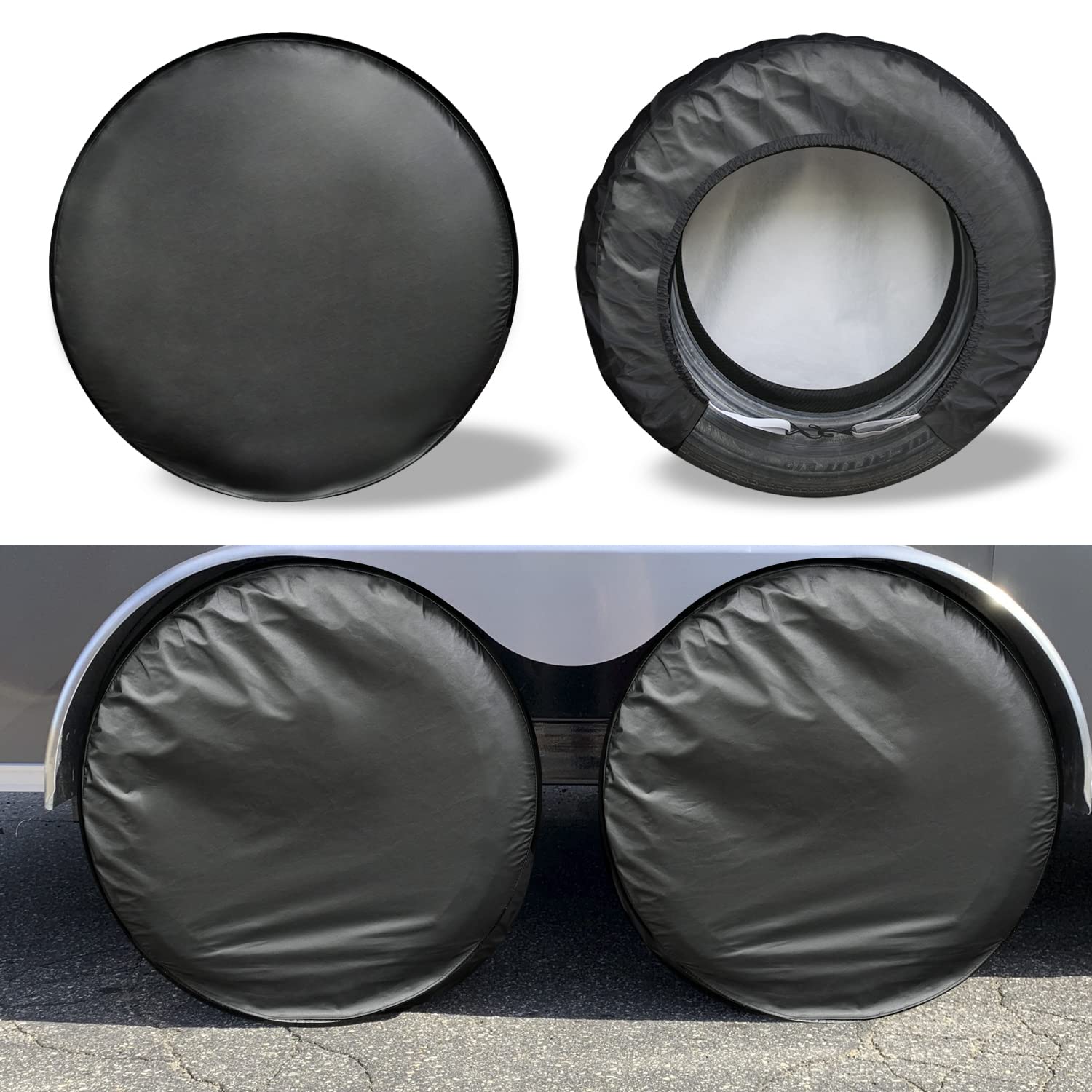 Photo 1 of Kayme Rv Tire Covers 4 Pack, Travel Trailer Camper Truck SUV Motorhome Waterproof Wheel Cover, Sun Rain Snow Protector, Fit 27-29 Inch Tire Diameter/Black