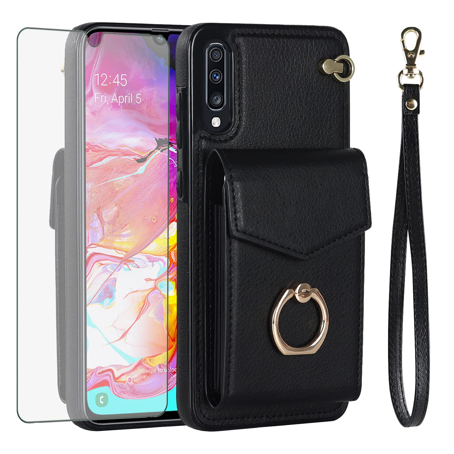 Photo 1 of Asuwish Phone Case for Samsung Galaxy A50 A50S A30S Wallet Cover with Tempered Glass Screen Protector and RFID Blocking Ring Card Holder Cell Accessories A 50 50S 30S S50 50A SM A505G Women Men Black