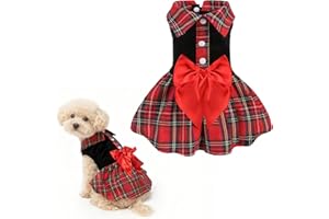 BEAUTYZOO Classic Plaid Dog Dresses for Small Dogs Girl, Dog Clothes with Bow Tie & Skirt, Puppy Dress for Female Dogs, Christmas Birthday Party Outfit for Shih Tzu Yorkie Chihuahua Princess Apparel